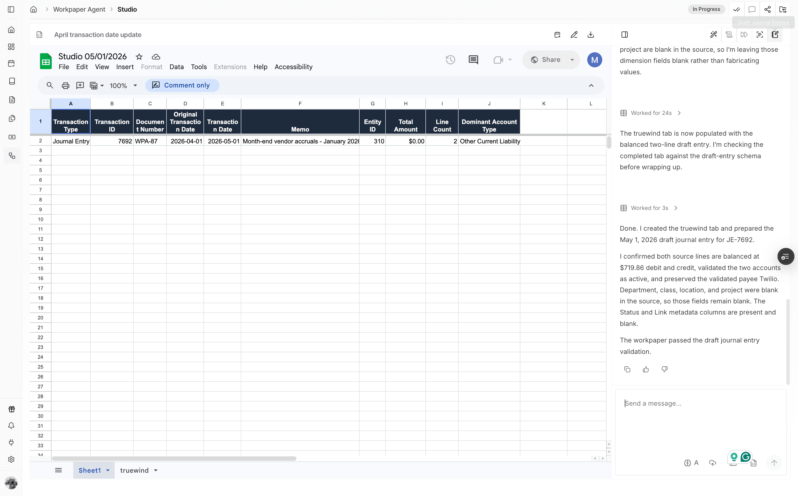 Screenshot showing the Draft journal entries action.
