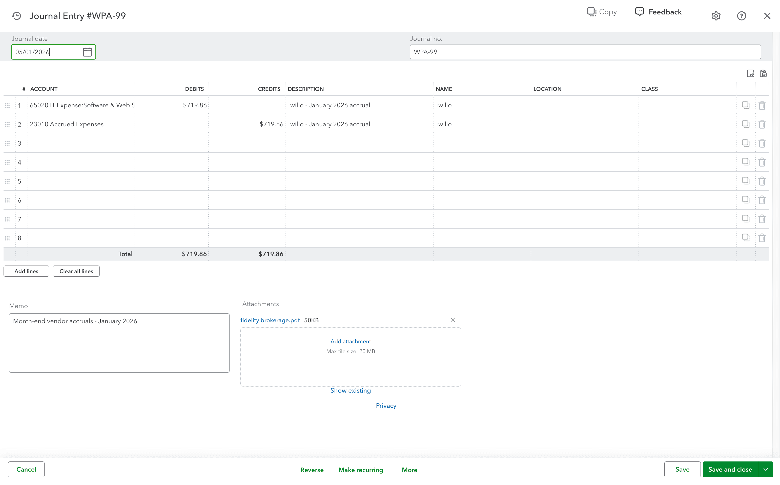 Screenshot showing synced attachments in QuickBooks.