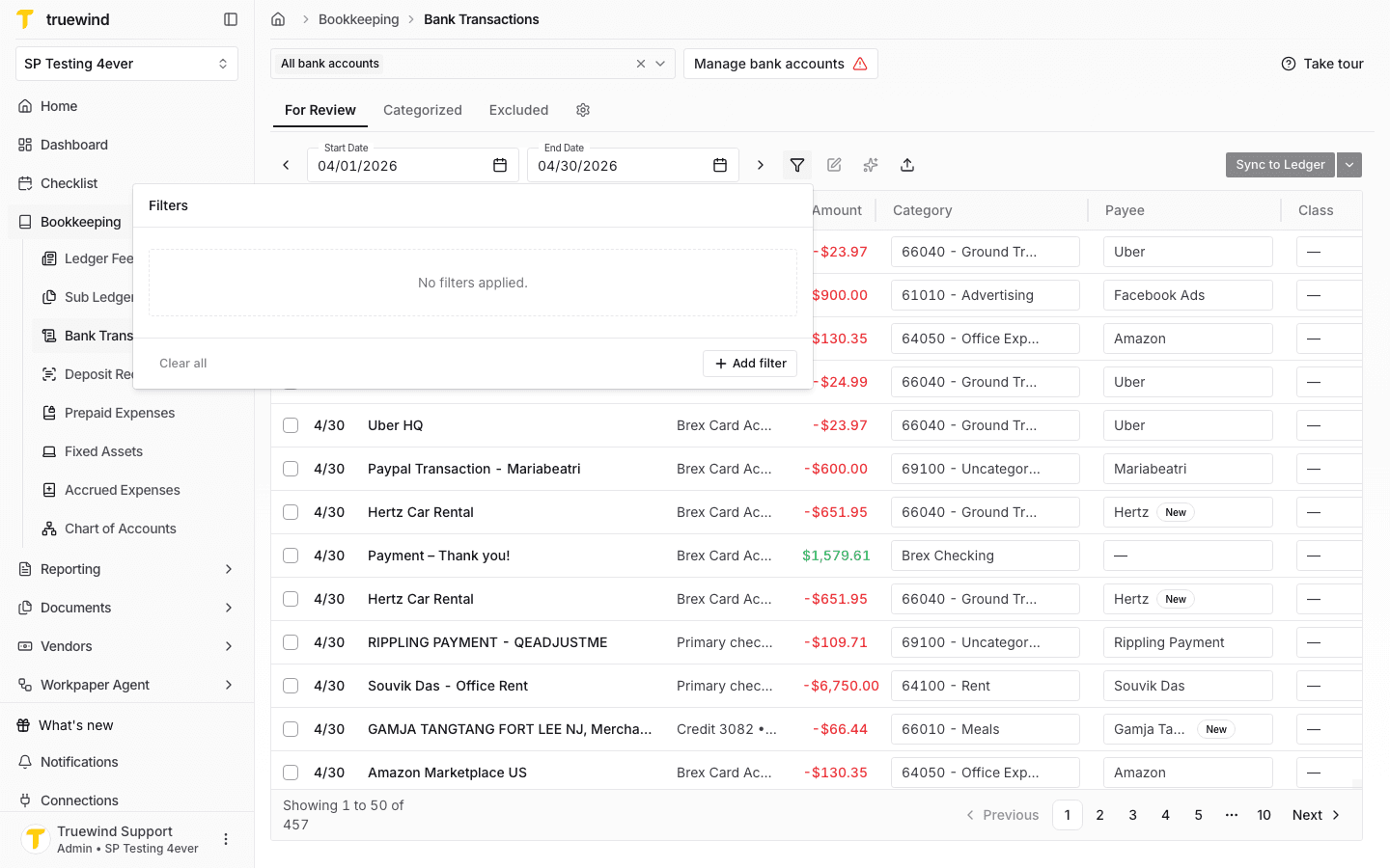 Screenshot showing the Bank Transactions filter panel open above the transaction table.