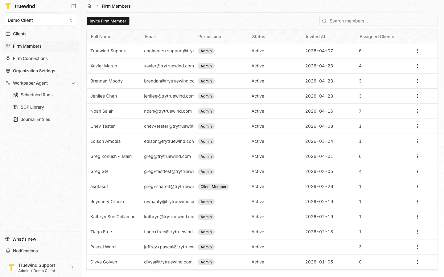 Screenshot showing start in Truewind on Firm Members so the firm member table is visible