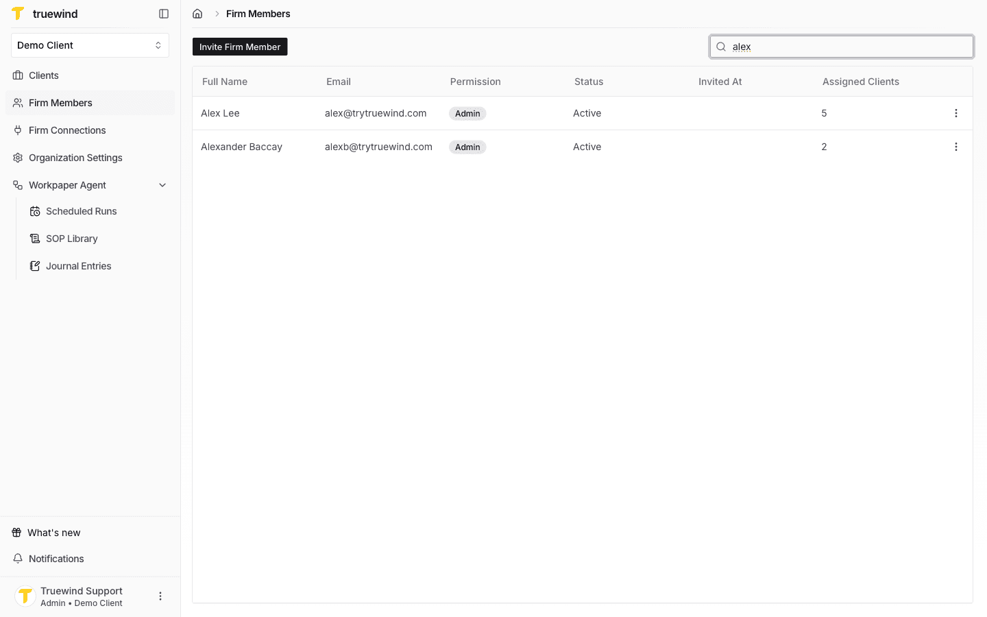 Screenshot showing this uses the search field or the member table so you can locate the person whose client assignments you need to change
