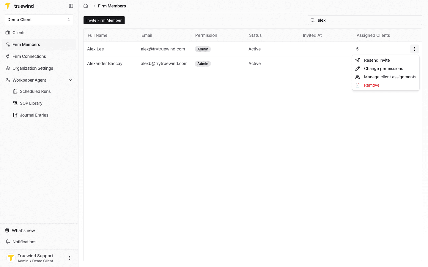 Screenshot showing there's an actions button at the end of its row. Click on it to ppen the member actions menu and then click on Manage client assignments