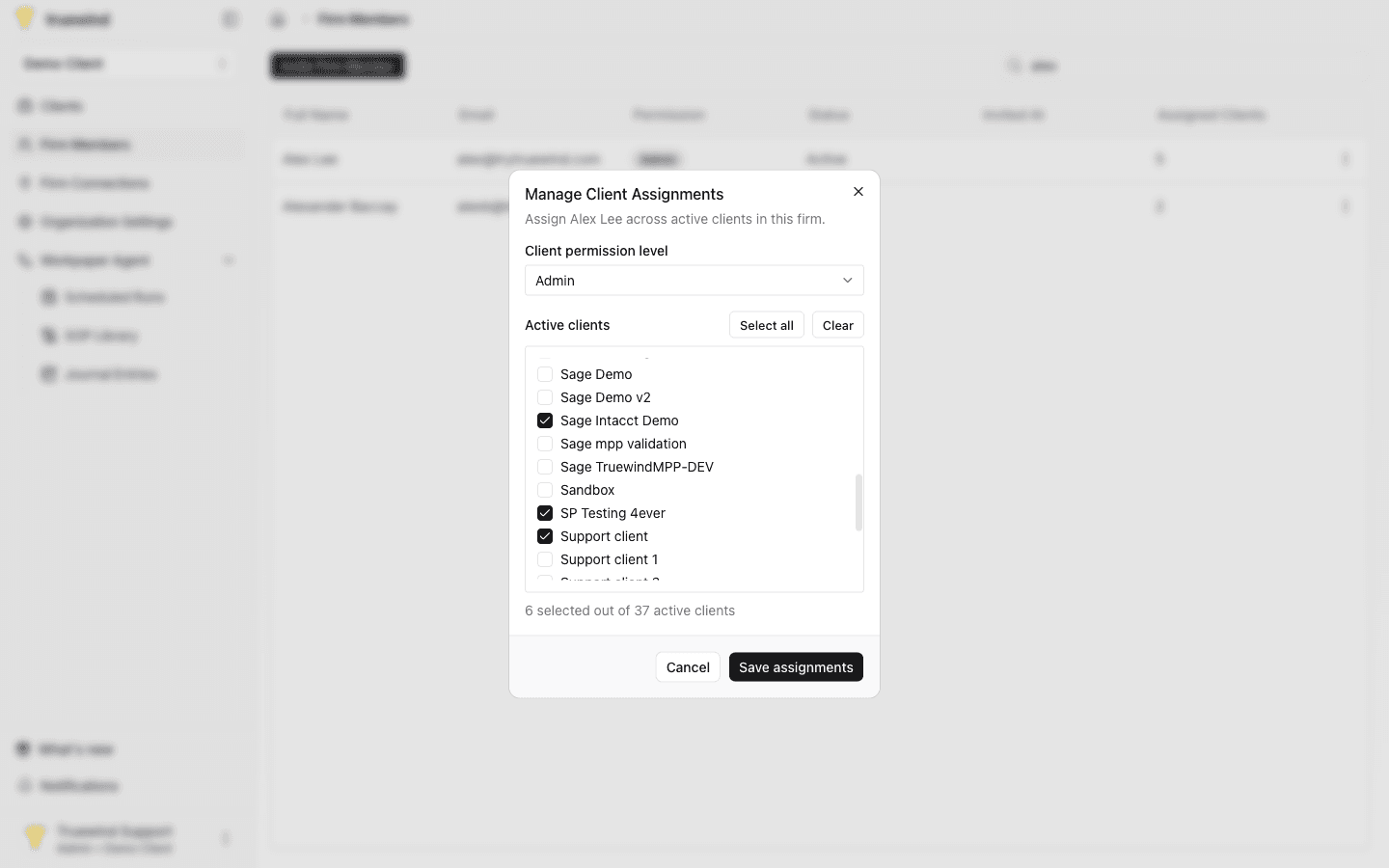 Screenshot showing check the client accounts that should include this member, or use Select all or Clear to update the whole active list faster. Once ready, click Save assignments