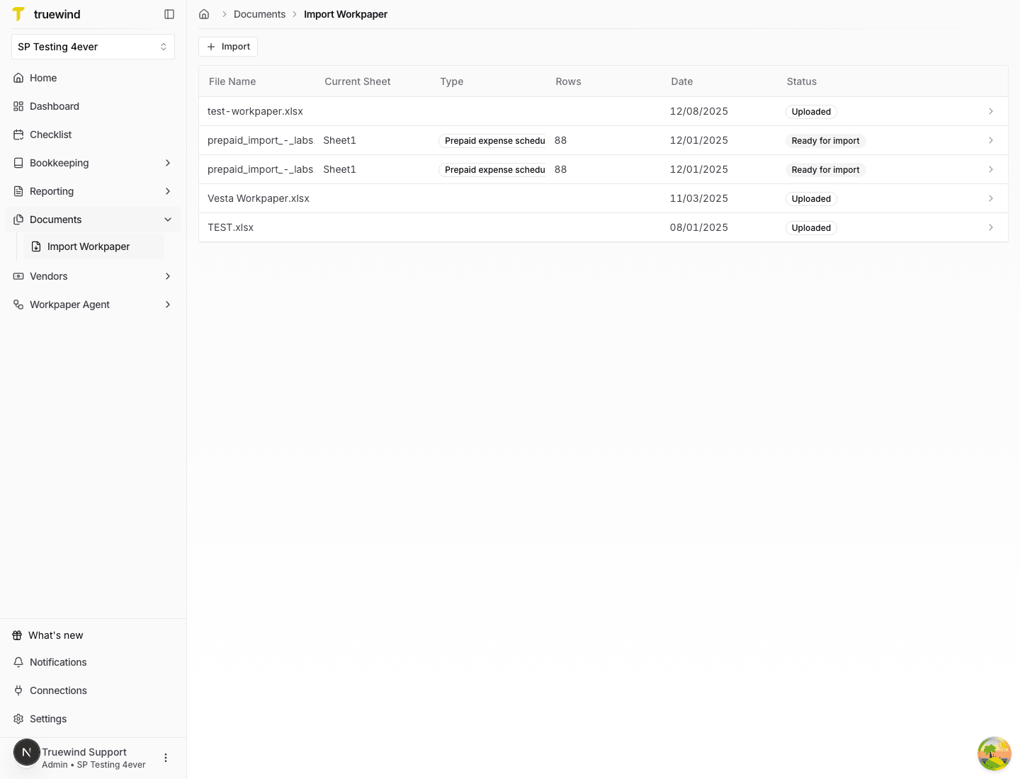 Screenshot showing the Import Workpaper page with prior uploads and the Import button.