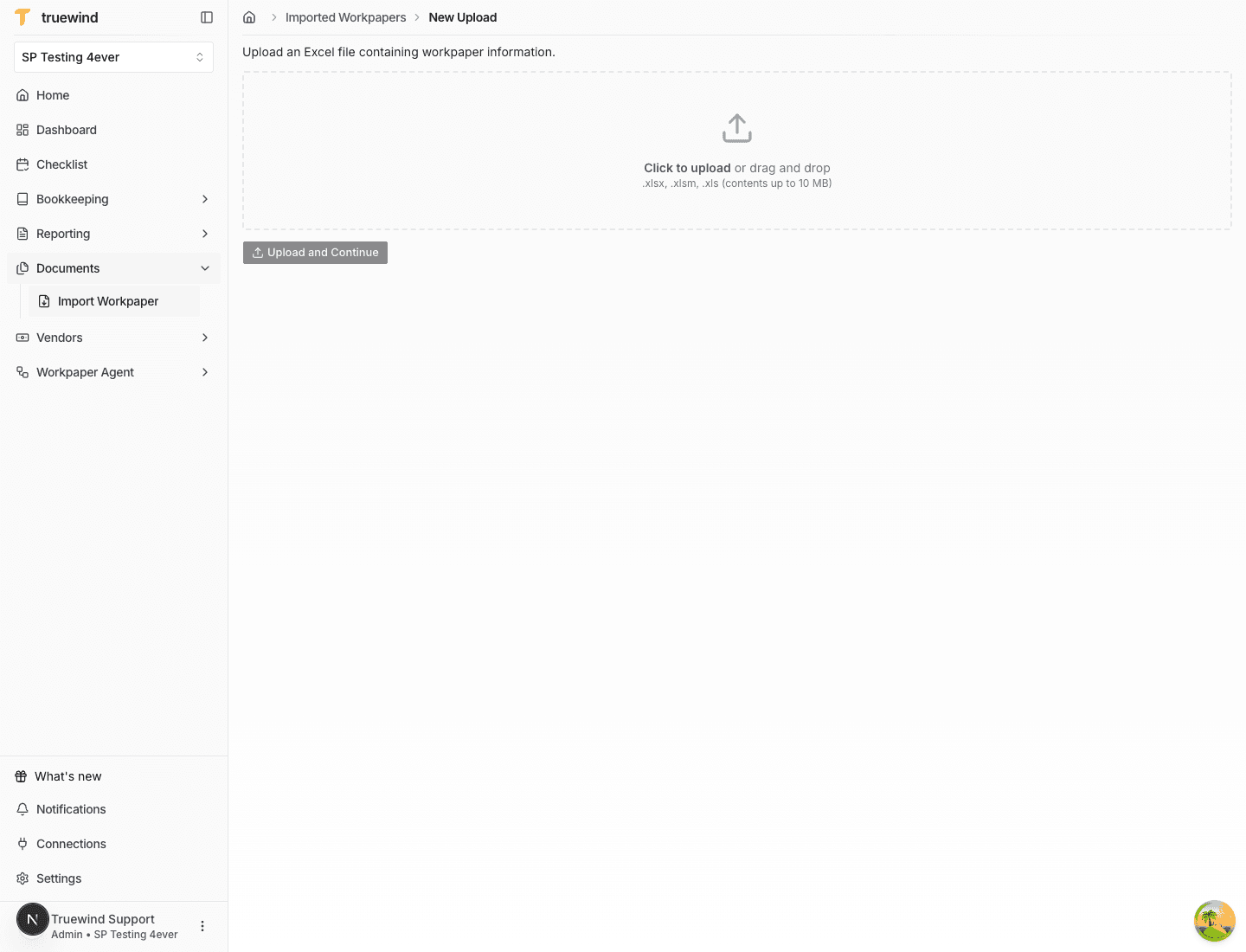 Screenshot showing the new Import Workpaper upload page with the file drop zone.