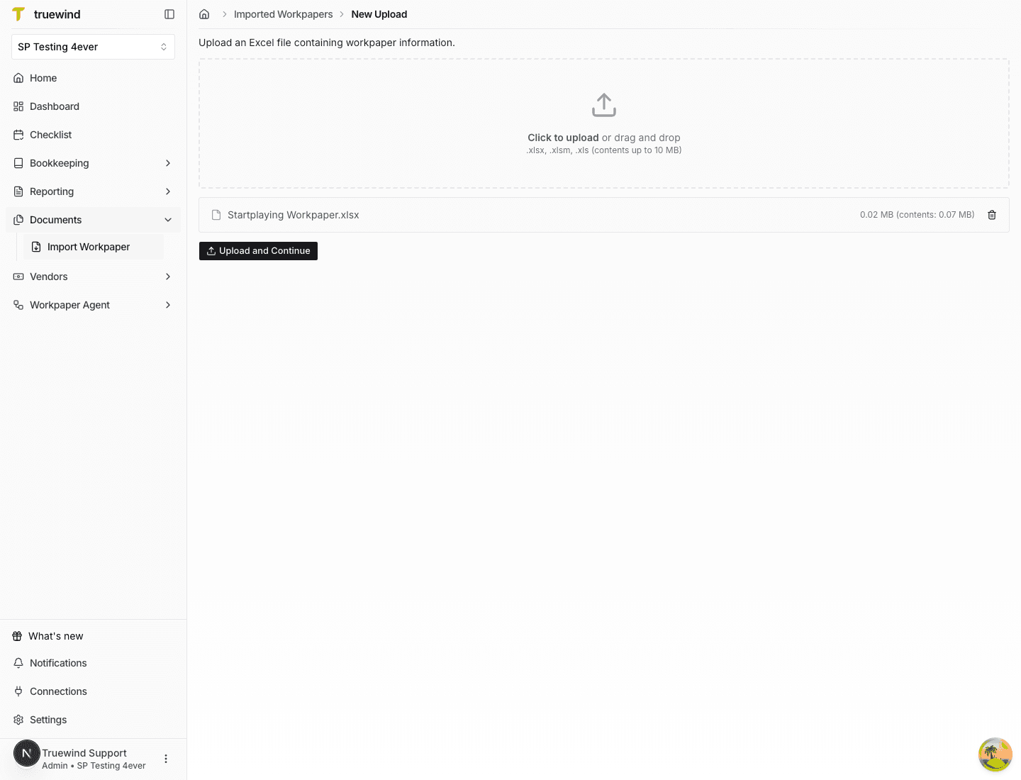 Screenshot showing an uploaded Excel workbook selected on the Import Workpaper page.