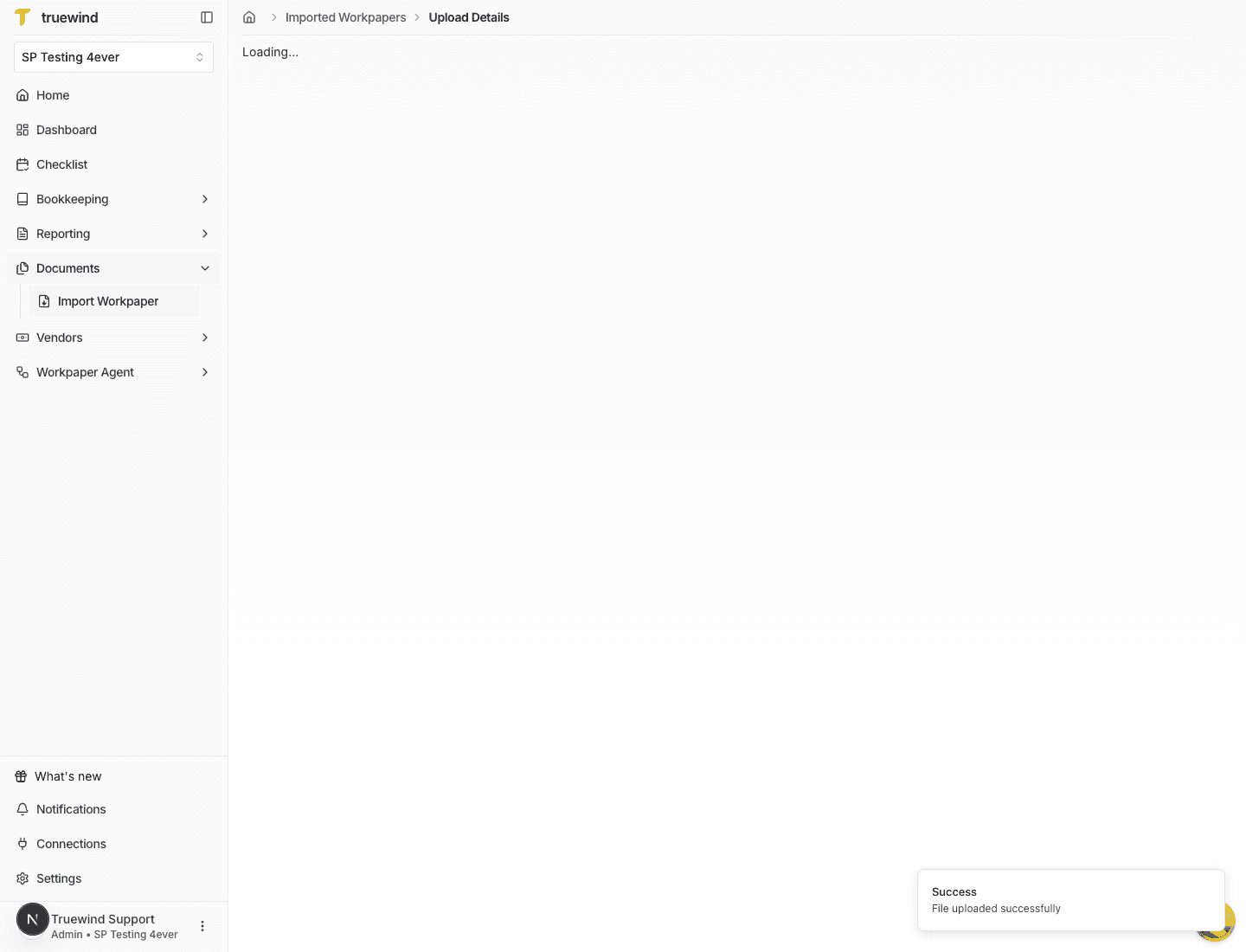 Screenshot showing upload details for an Excel workpaper with detected workbook sheets.