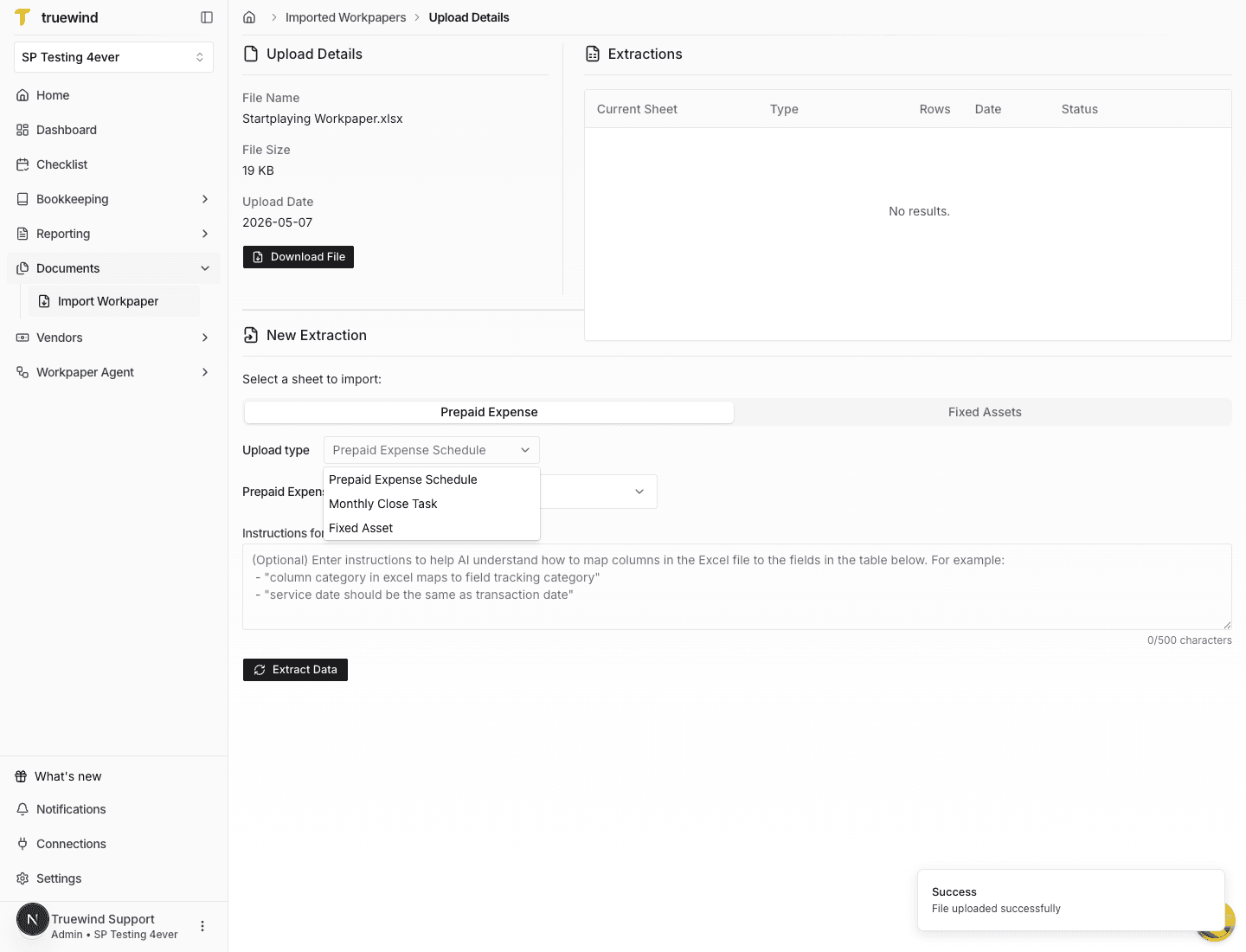 Screenshot showing the upload type menu with Prepaid Expense Schedule selected.