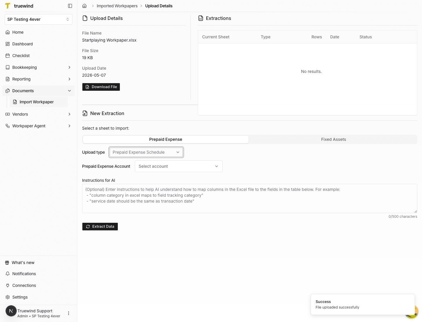 Screenshot showing the Prepaid Expense Account field on the workpaper upload details page.