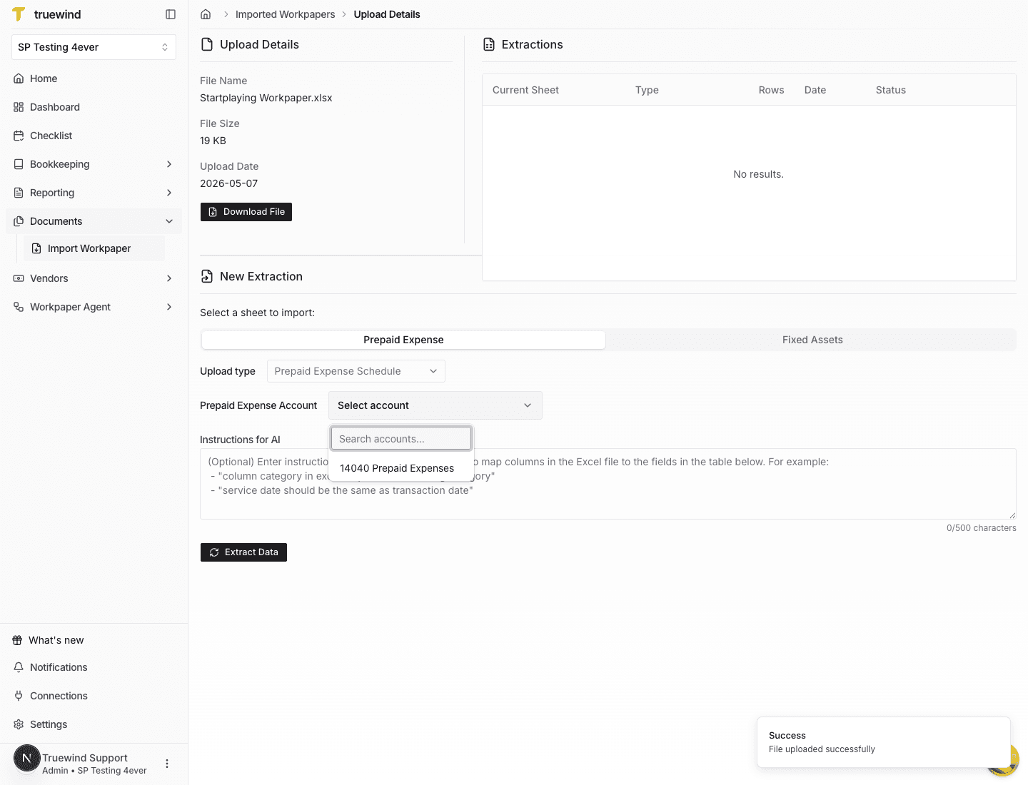 Screenshot showing the account picker opened for the Prepaid Expense Account field.