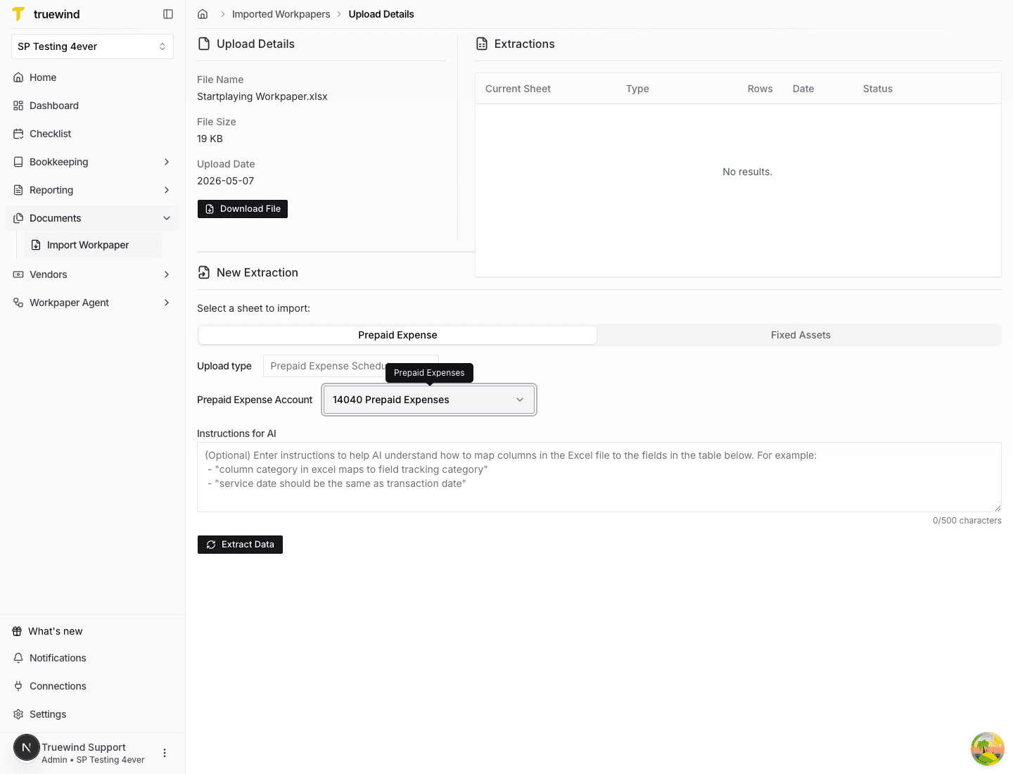Screenshot showing a prepaid expense account selected on the upload details page.