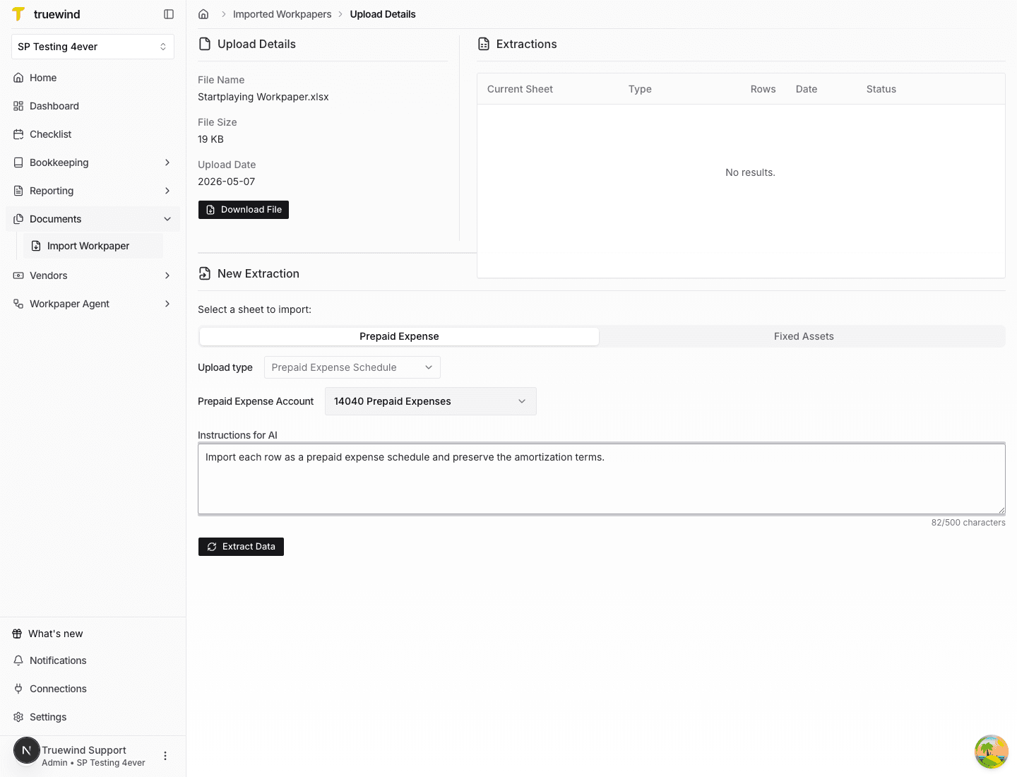 Screenshot showing instructions entered for AI before extracting workpaper data.