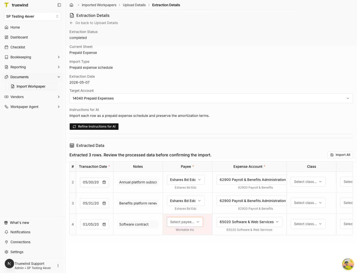Screenshot showing extraction details for a completed prepaid expense workpaper import.