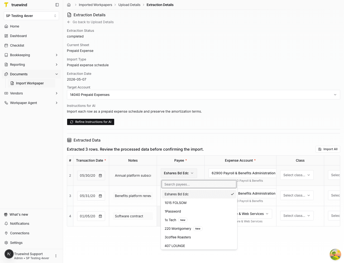 Screenshot showing the payee selector opened from an extracted workpaper row.