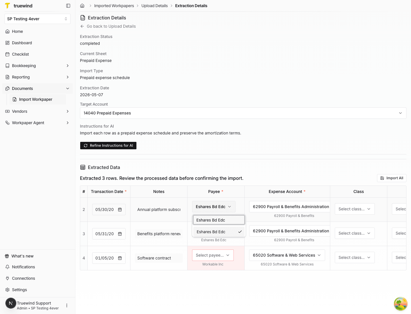 Screenshot showing a payee search in the payee selector for a workpaper row.