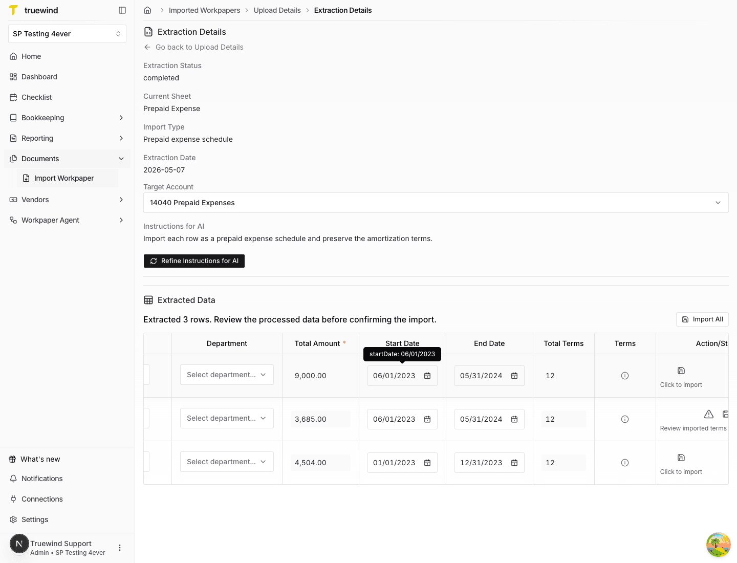 Screenshot showing extracted dates and amount columns for prepaid expense workpaper rows.