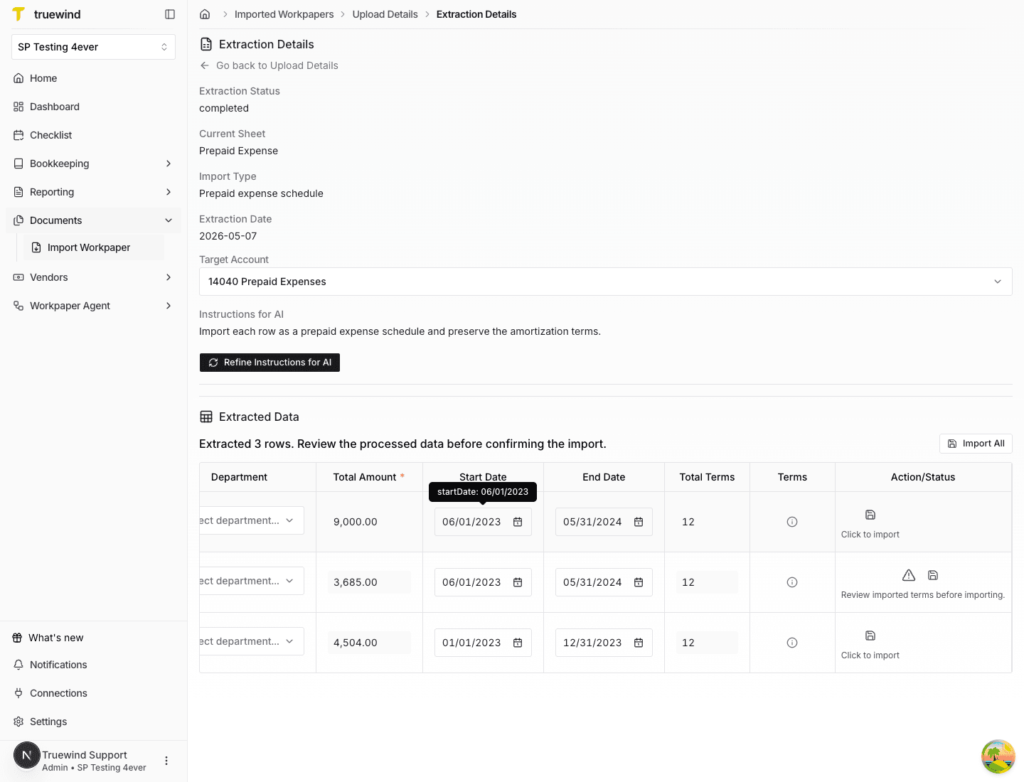 Screenshot showing imported amortization terms available for extracted prepaid expense rows.