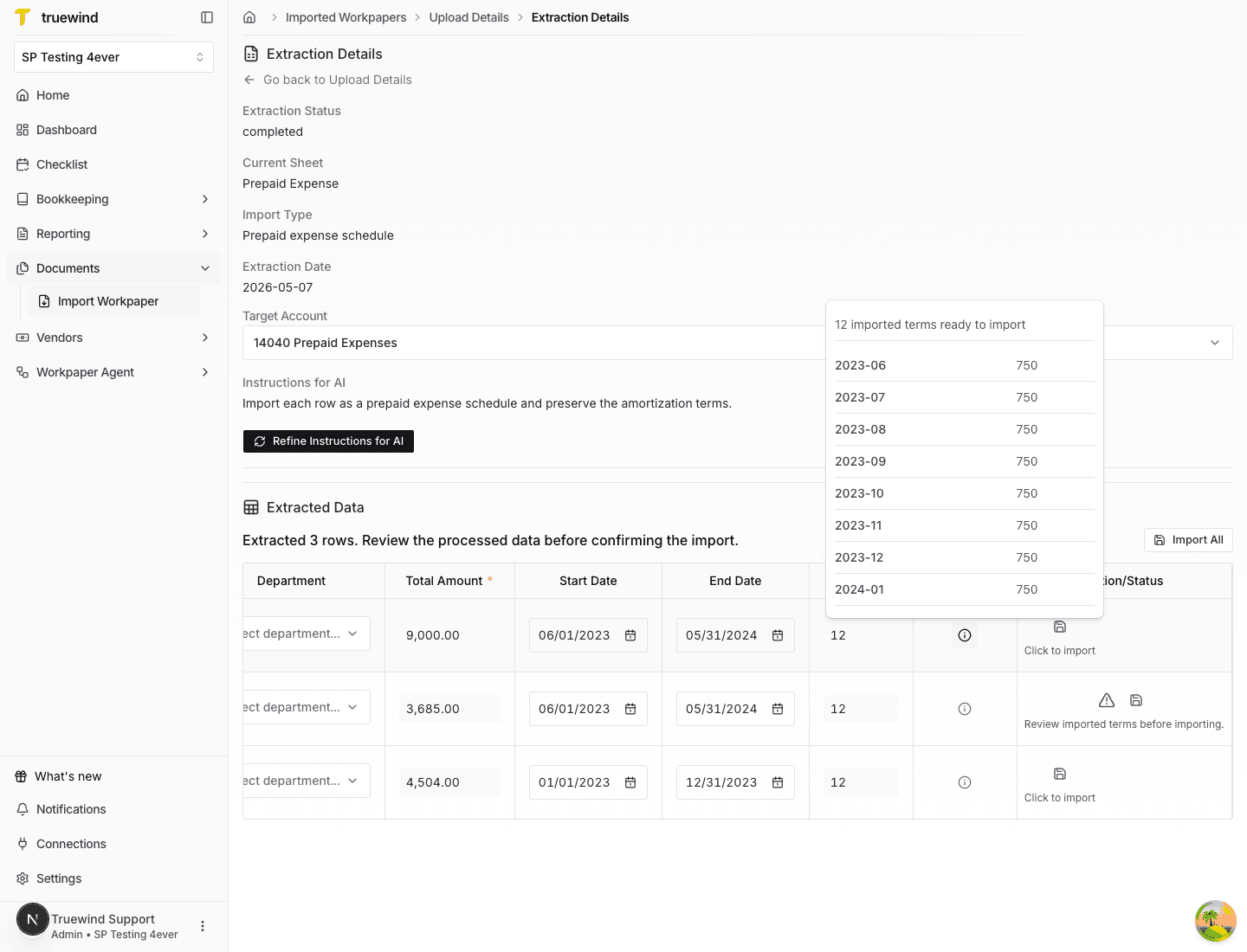 Screenshot showing a monthly imported terms preview for a prepaid expense row.