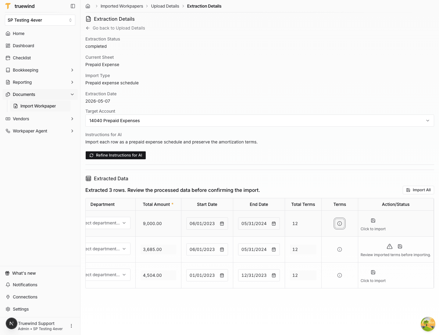 Screenshot showing row import actions and the Import All button for extracted workpaper rows.