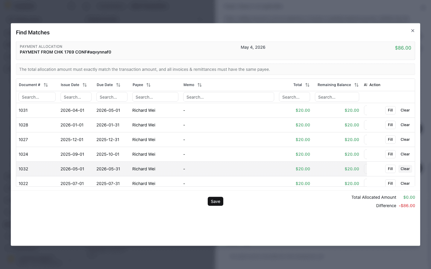 Screenshot showing the Find Matches dialog with candidate receivable rows and allocation controls.