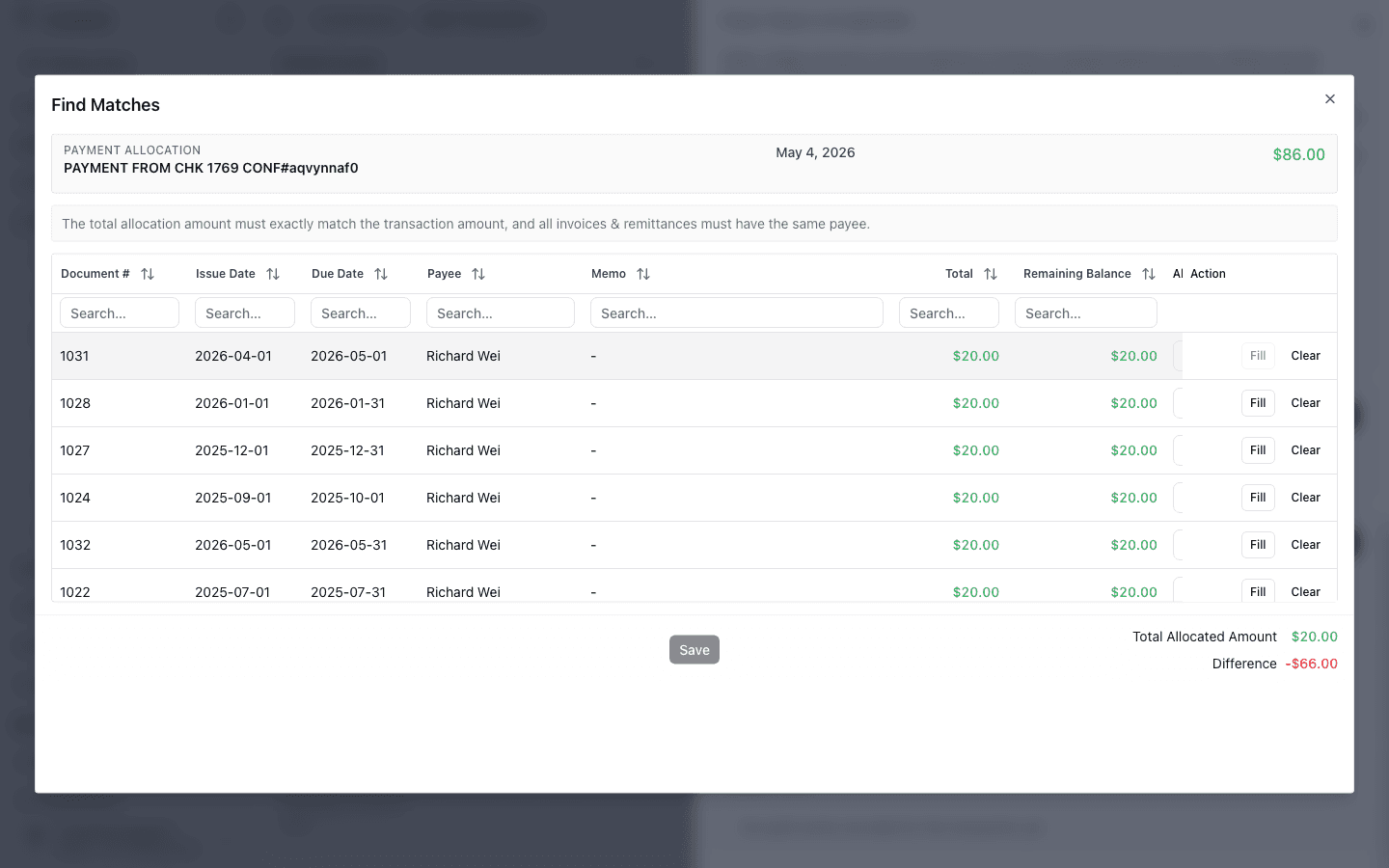 Screenshot showing a receivable match with an allocated amount entered and the remaining difference displayed.