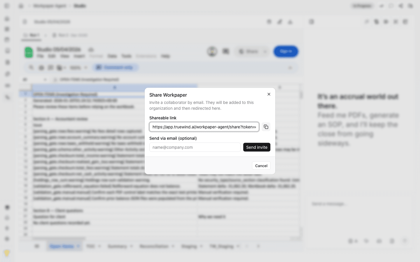 Screenshot showing the Share dialog opened from the workpaper toolbar