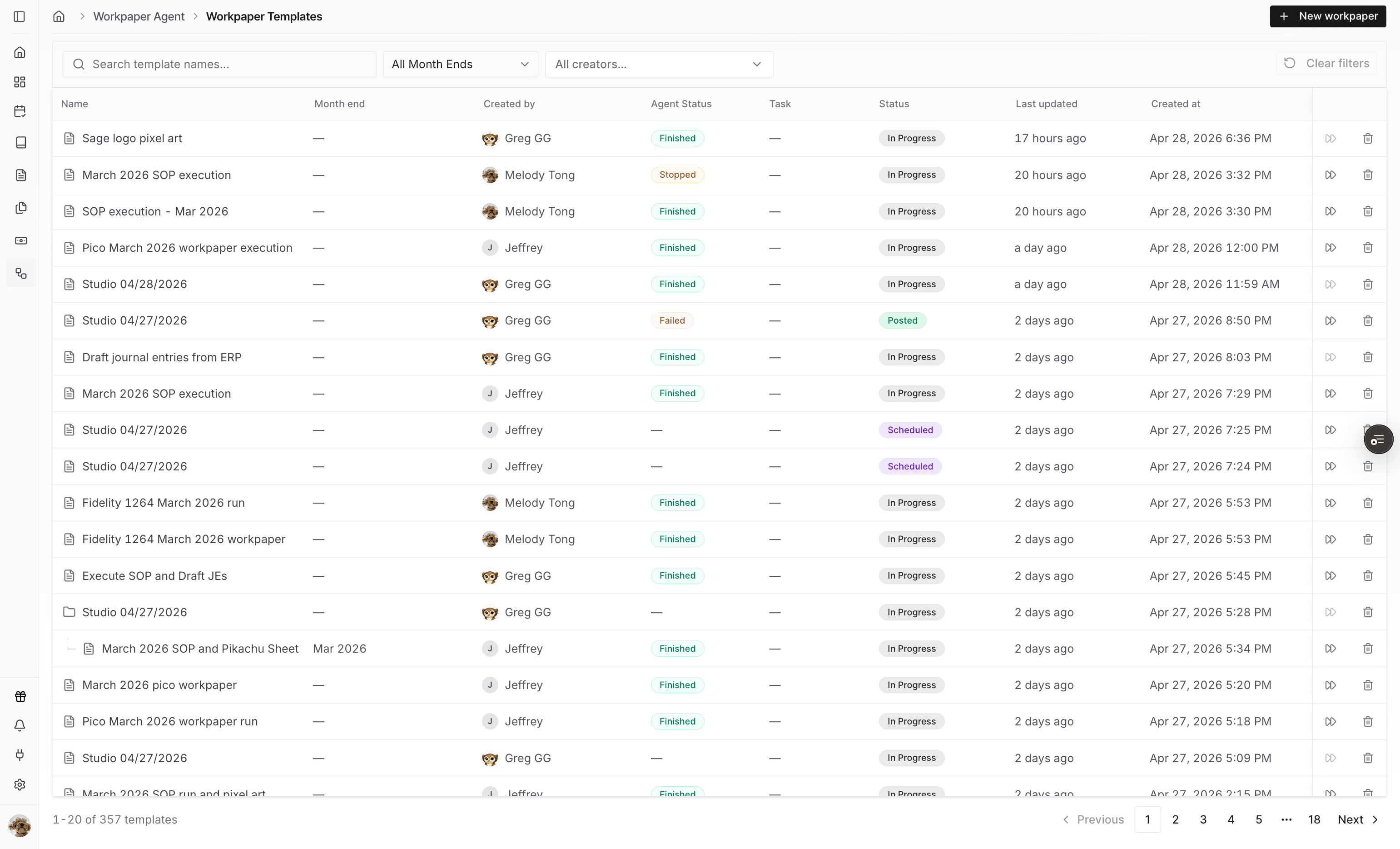 Screenshot showing the New workpaper action.