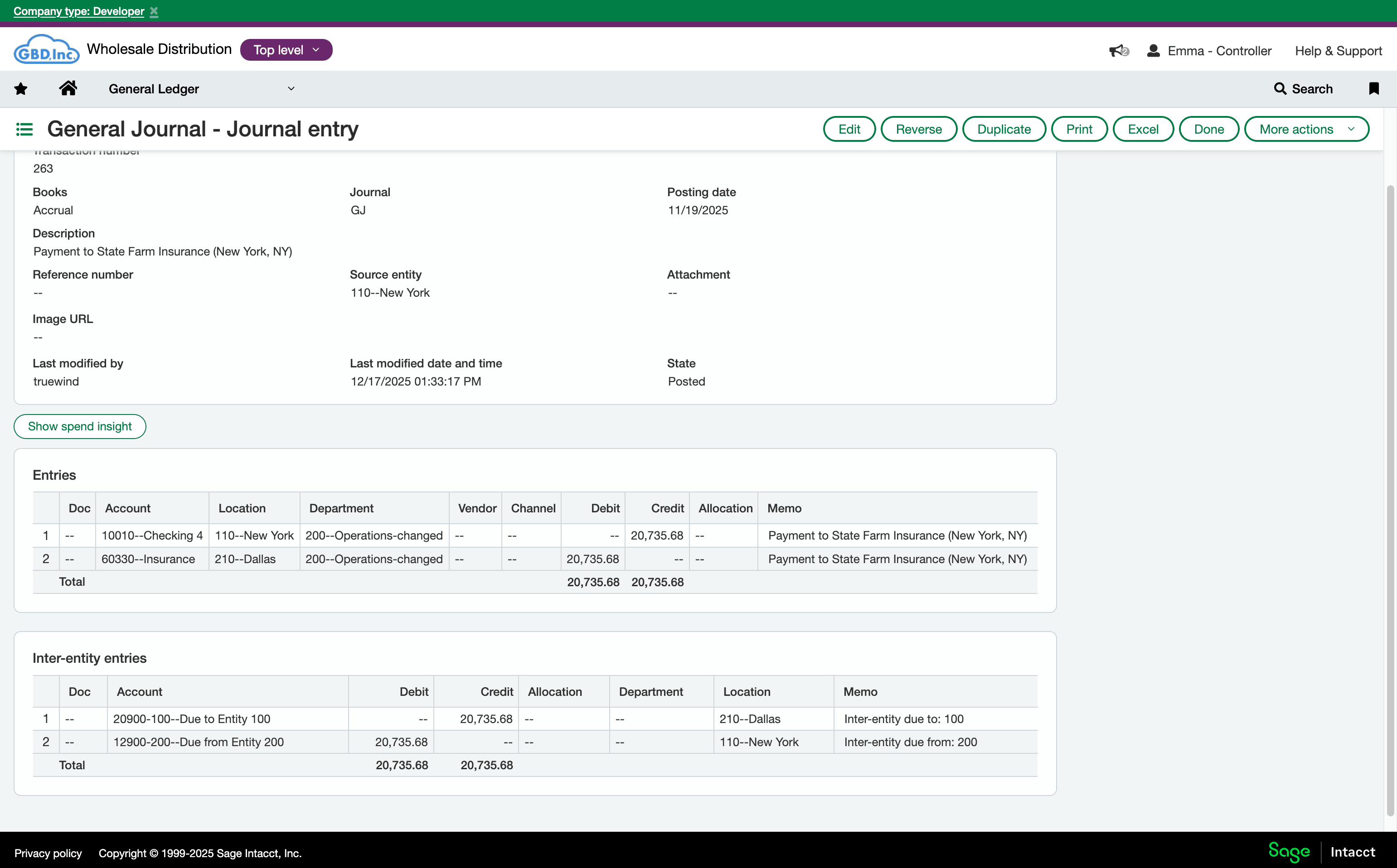 Sage Intacct journal entry showing the final location value.