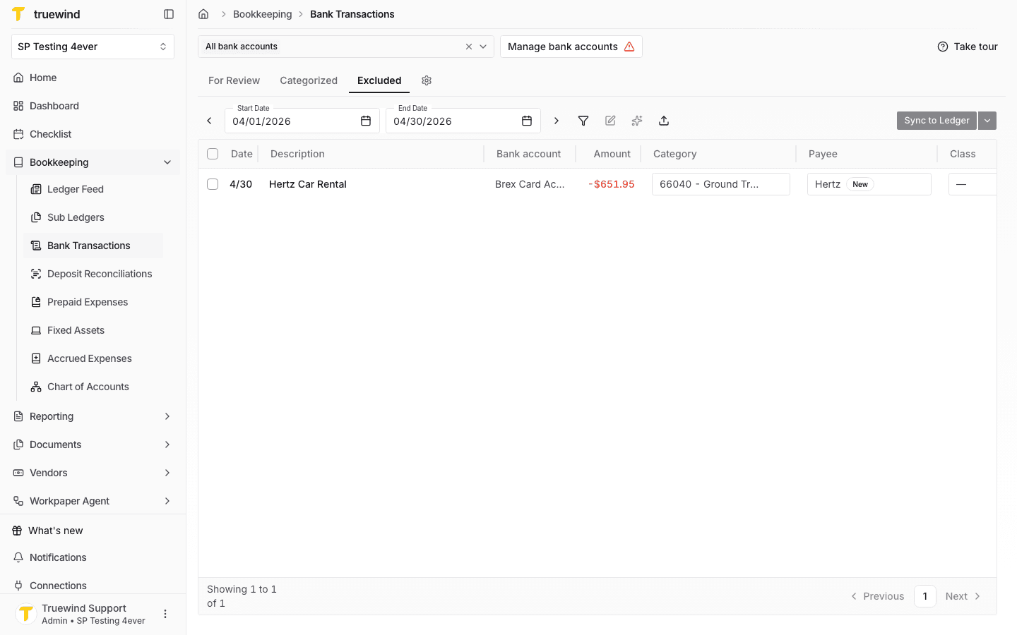 Screenshot showing the Excluded tab with one excluded bank transaction.