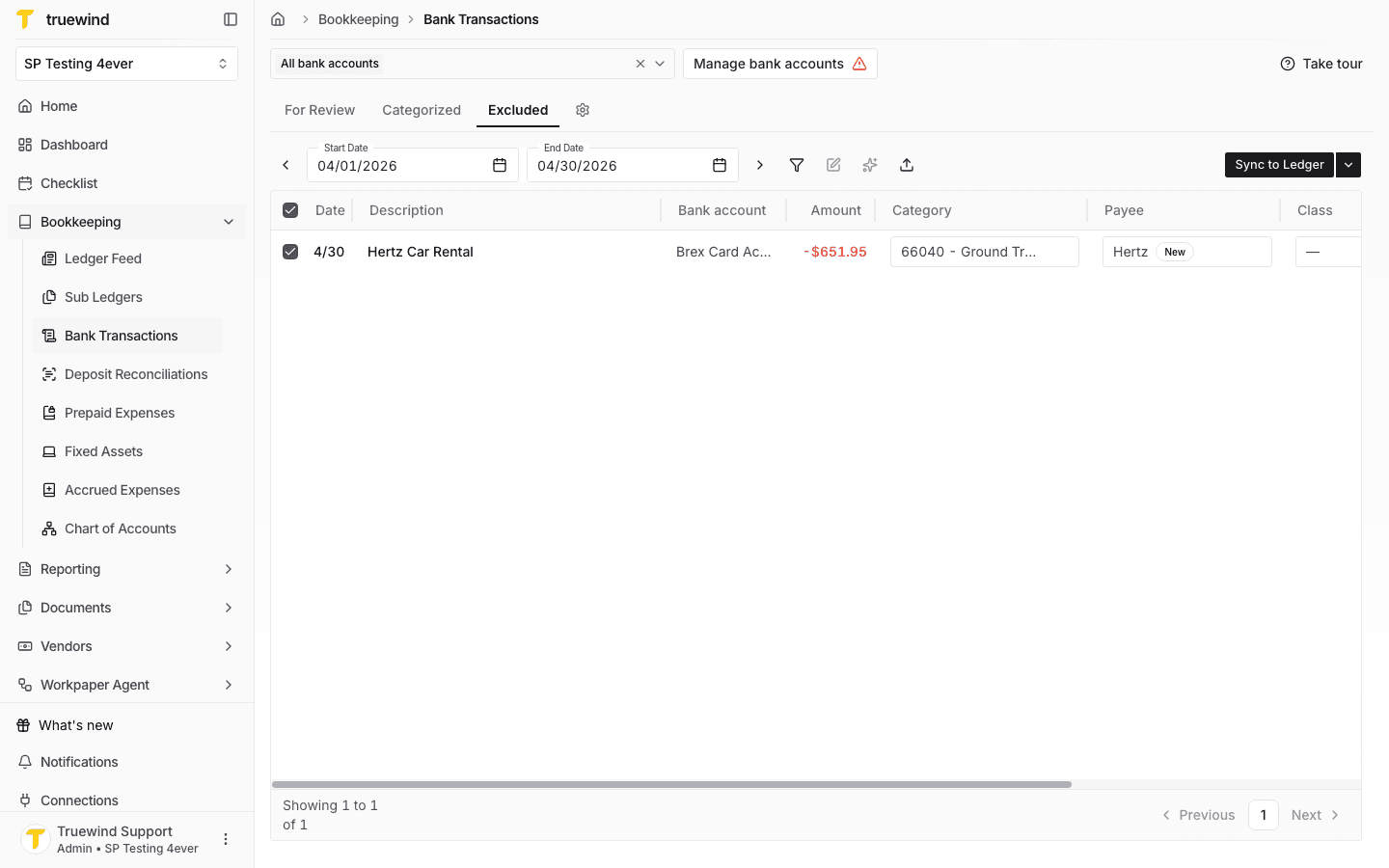 Screenshot showing an excluded transaction selected in the Bank Transactions table.