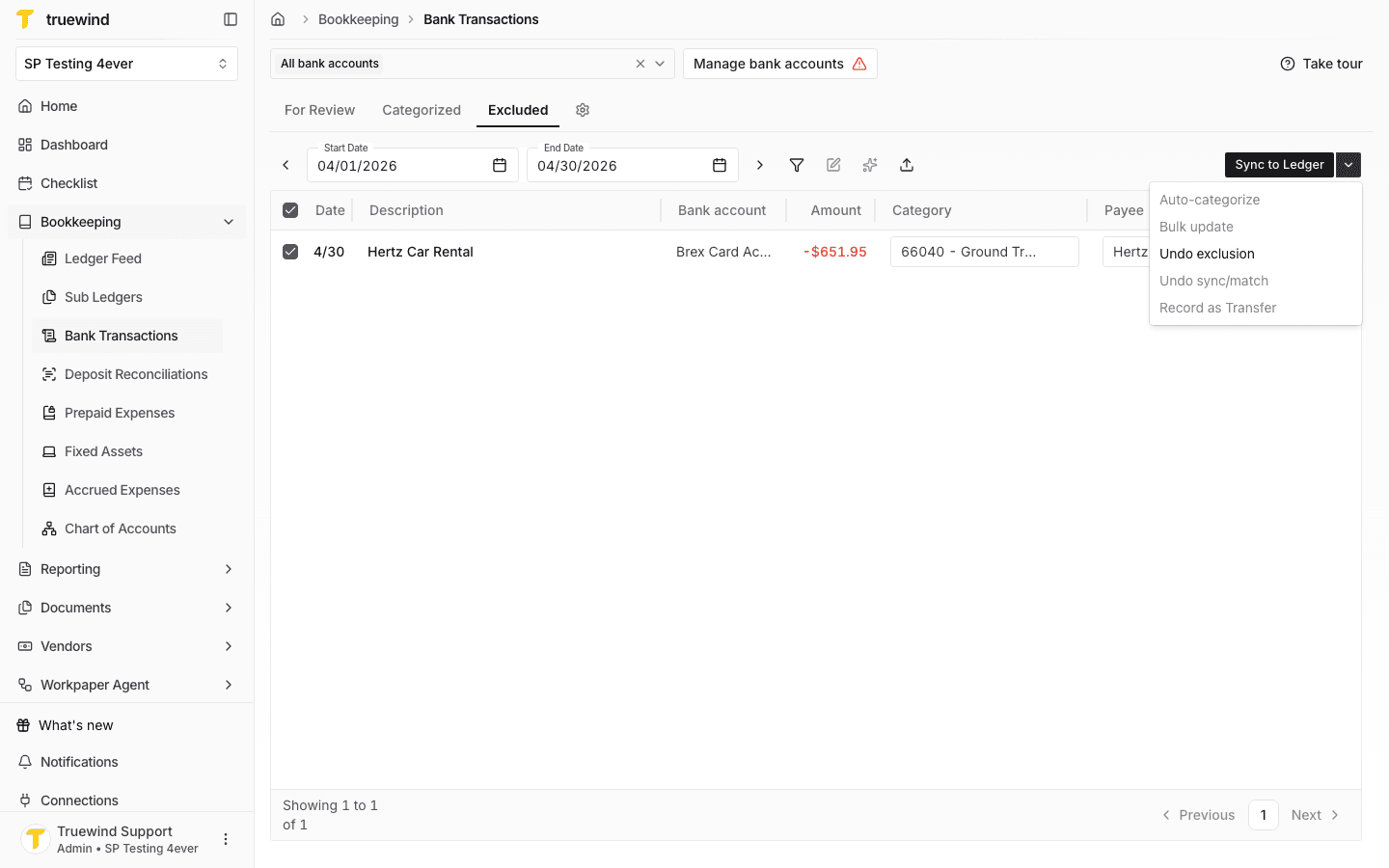 Screenshot showing the transaction actions menu with Undo exclusion available for the selected excluded row.