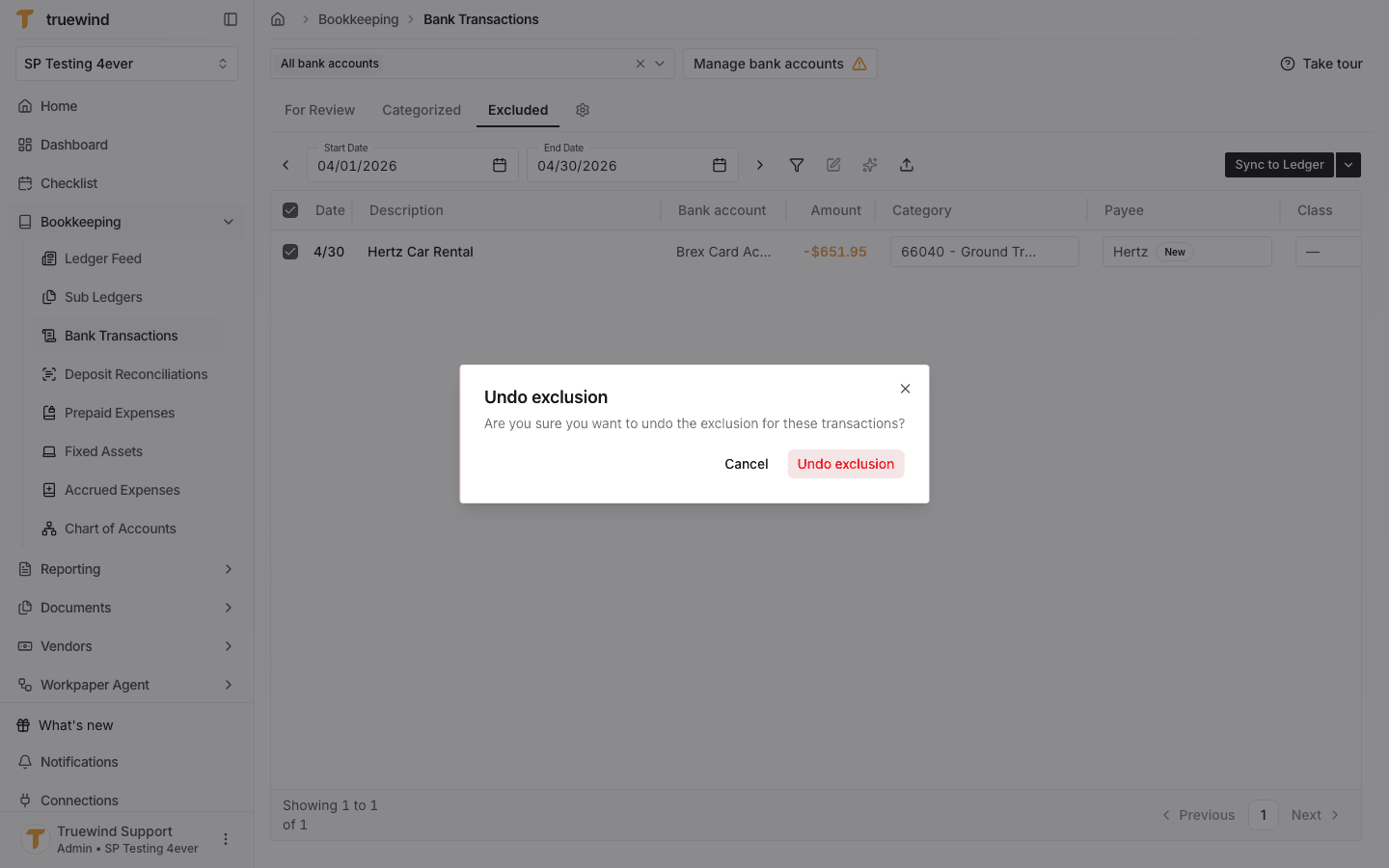 Screenshot showing the Undo exclusion confirmation dialog for the selected transaction.