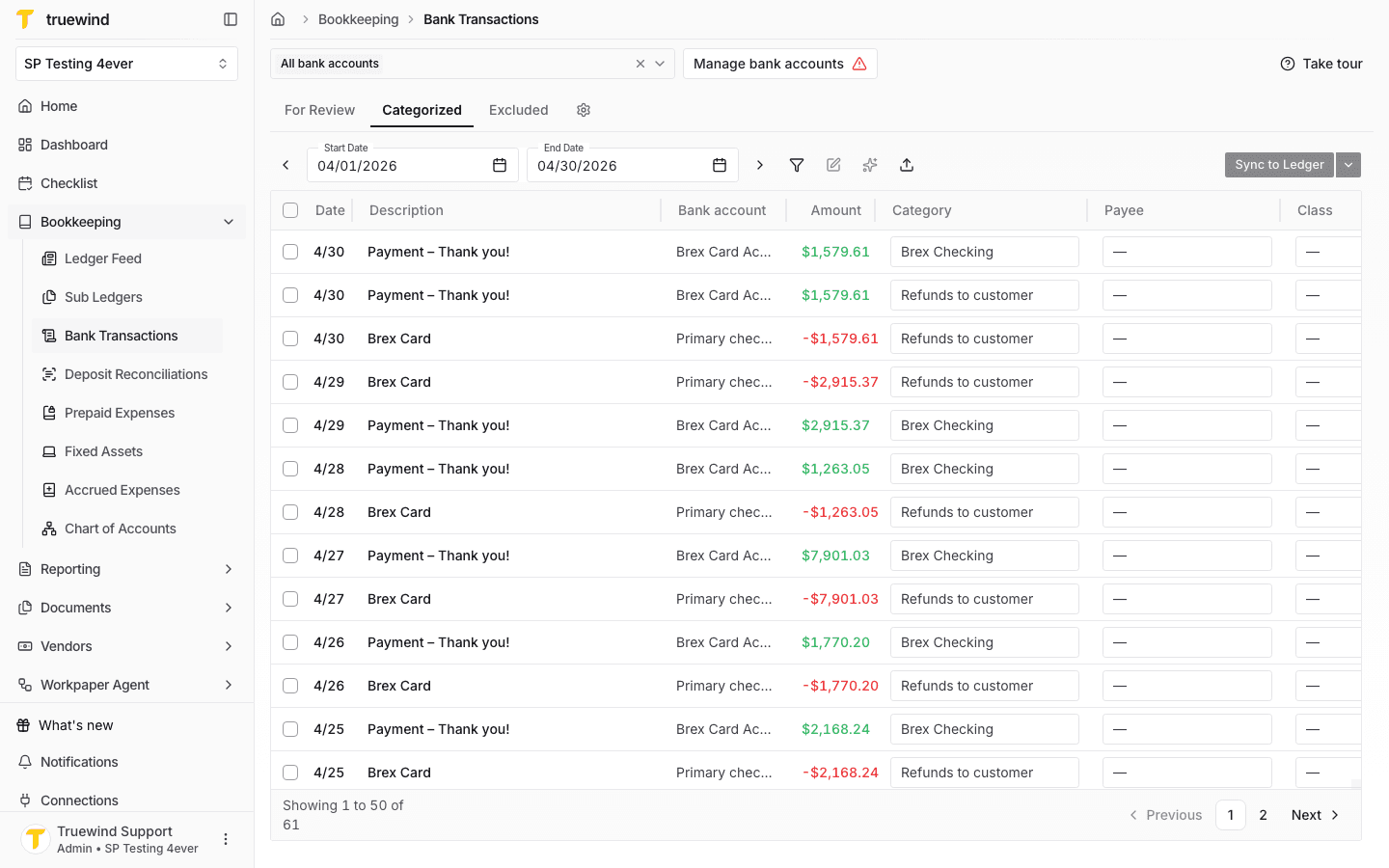 Screenshot showing the Categorized tab with synced and matched transactions.