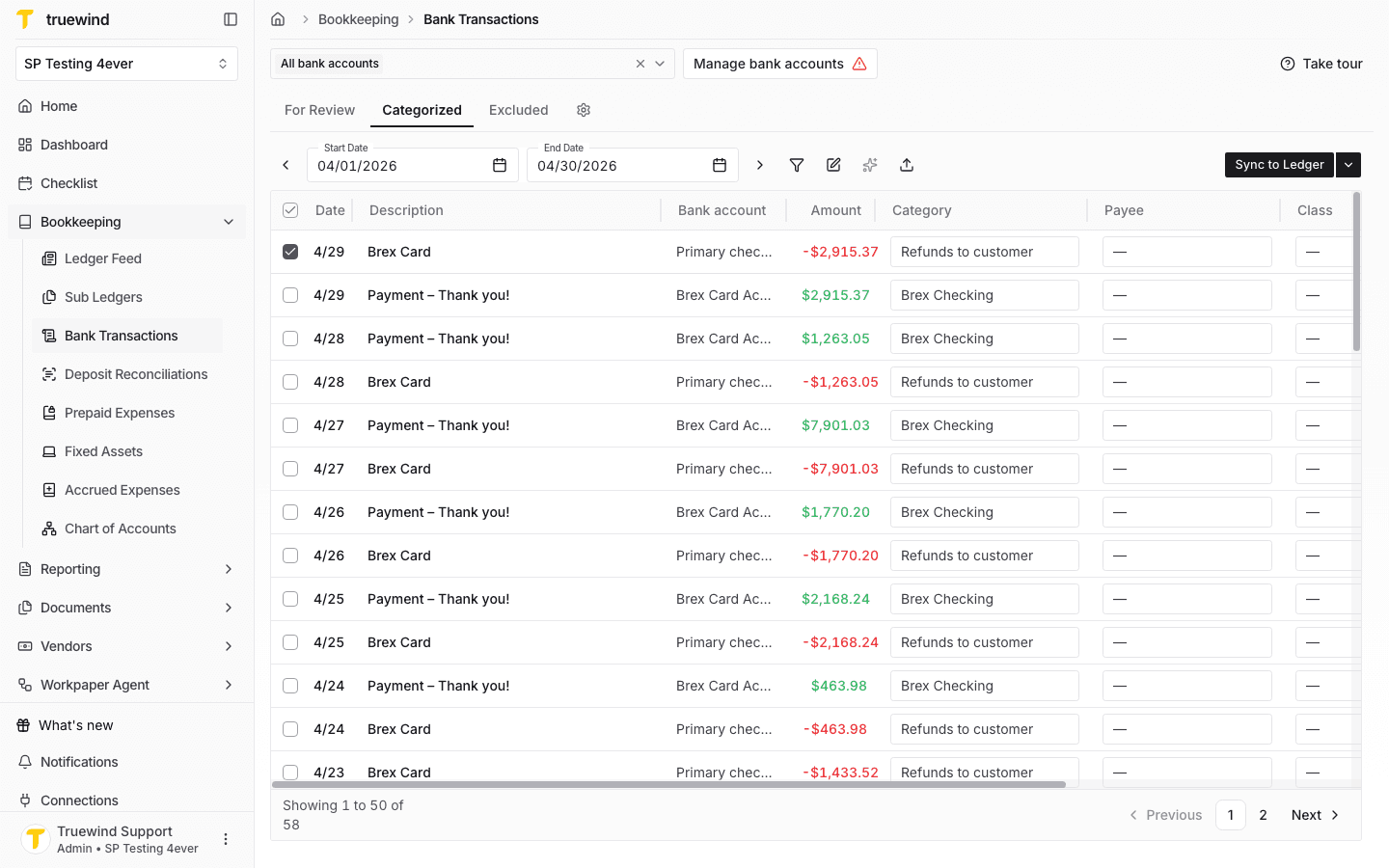 Screenshot showing a categorized transaction selected in the Bank Transactions table.