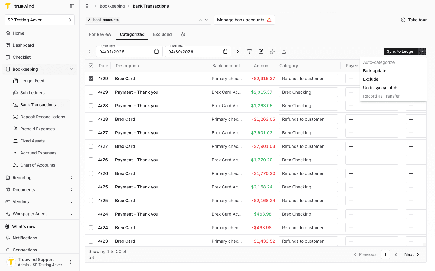Screenshot showing the transaction actions menu with Undo sync/match available for the selected categorized row.