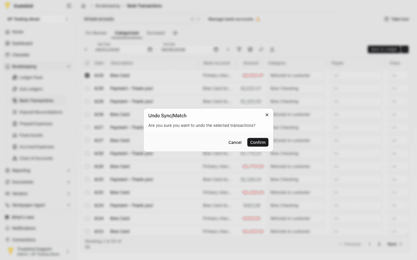 Screenshot showing the Undo Sync/Match confirmation dialog for the selected categorized transaction.