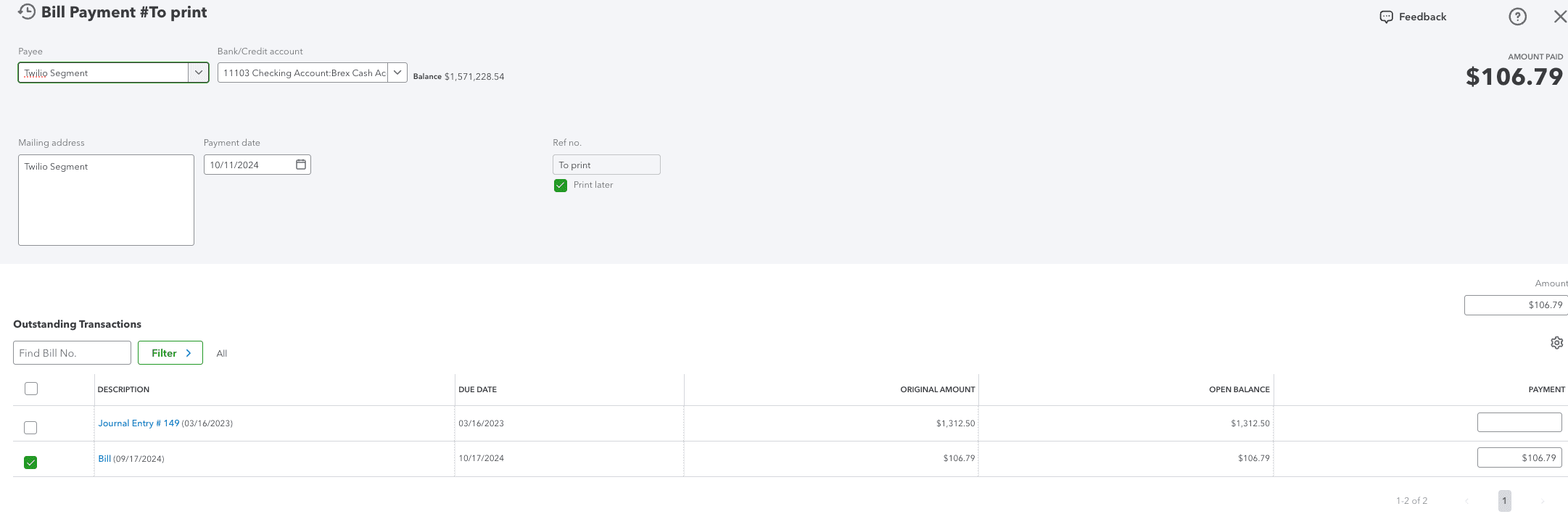 QuickBooks bill payment matched with an open bill and synced from Truewind.