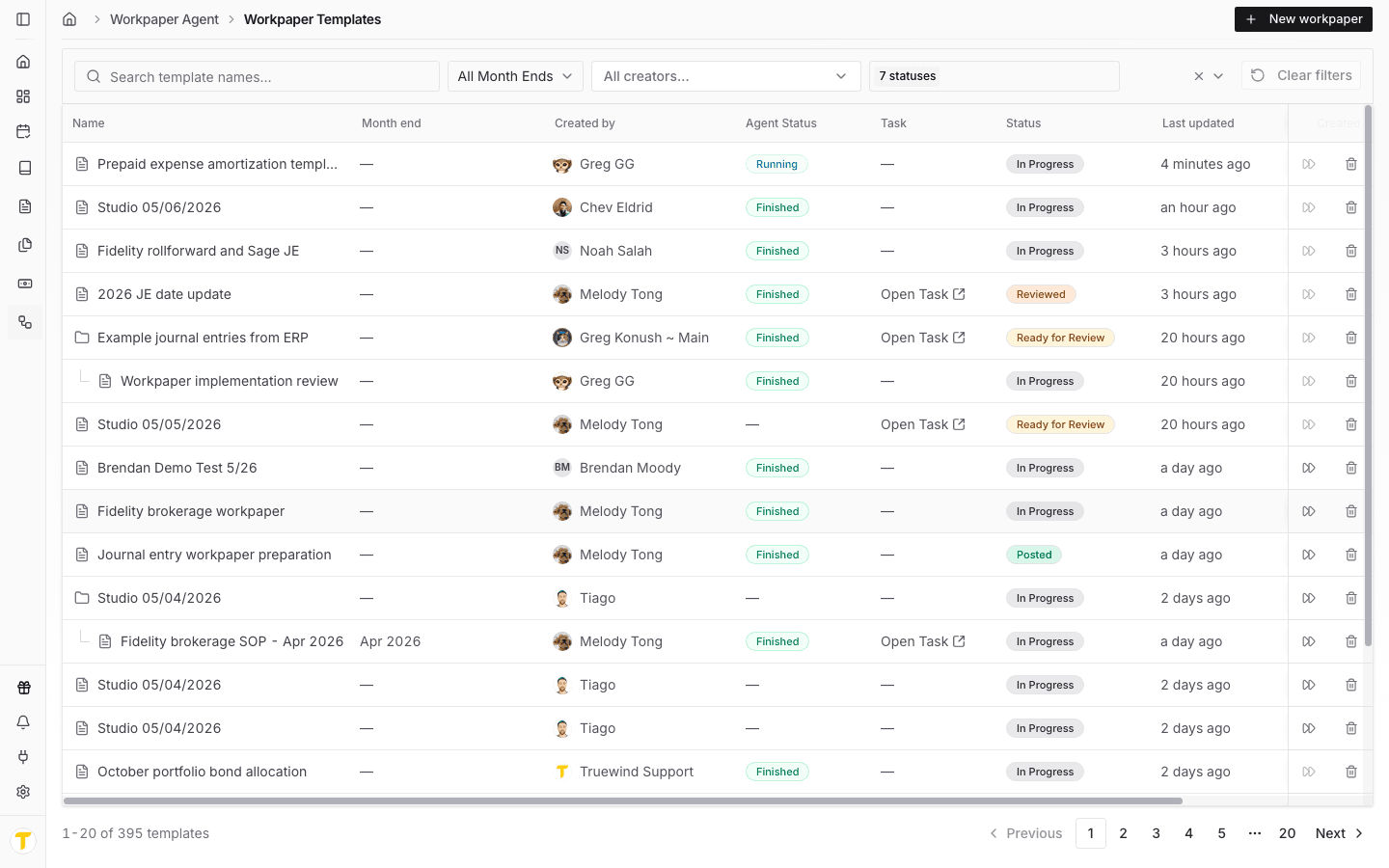 Screenshot showing the Workpaper Templates page with the workpaper list, filters, and New workpaper action.