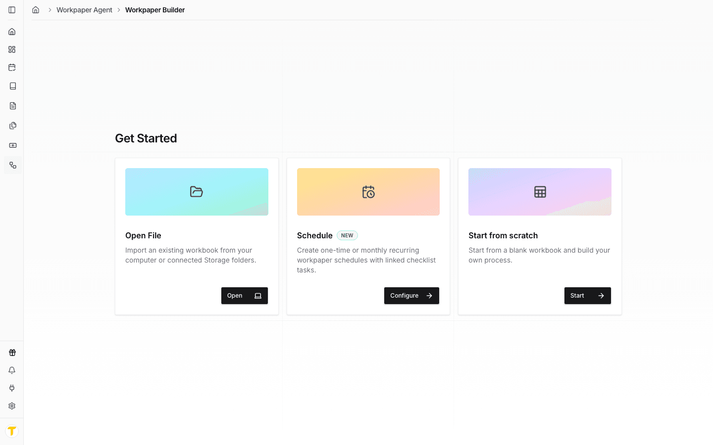Screenshot showing the Workpaper Builder page with Open File, Schedule, and Start from scratch options.