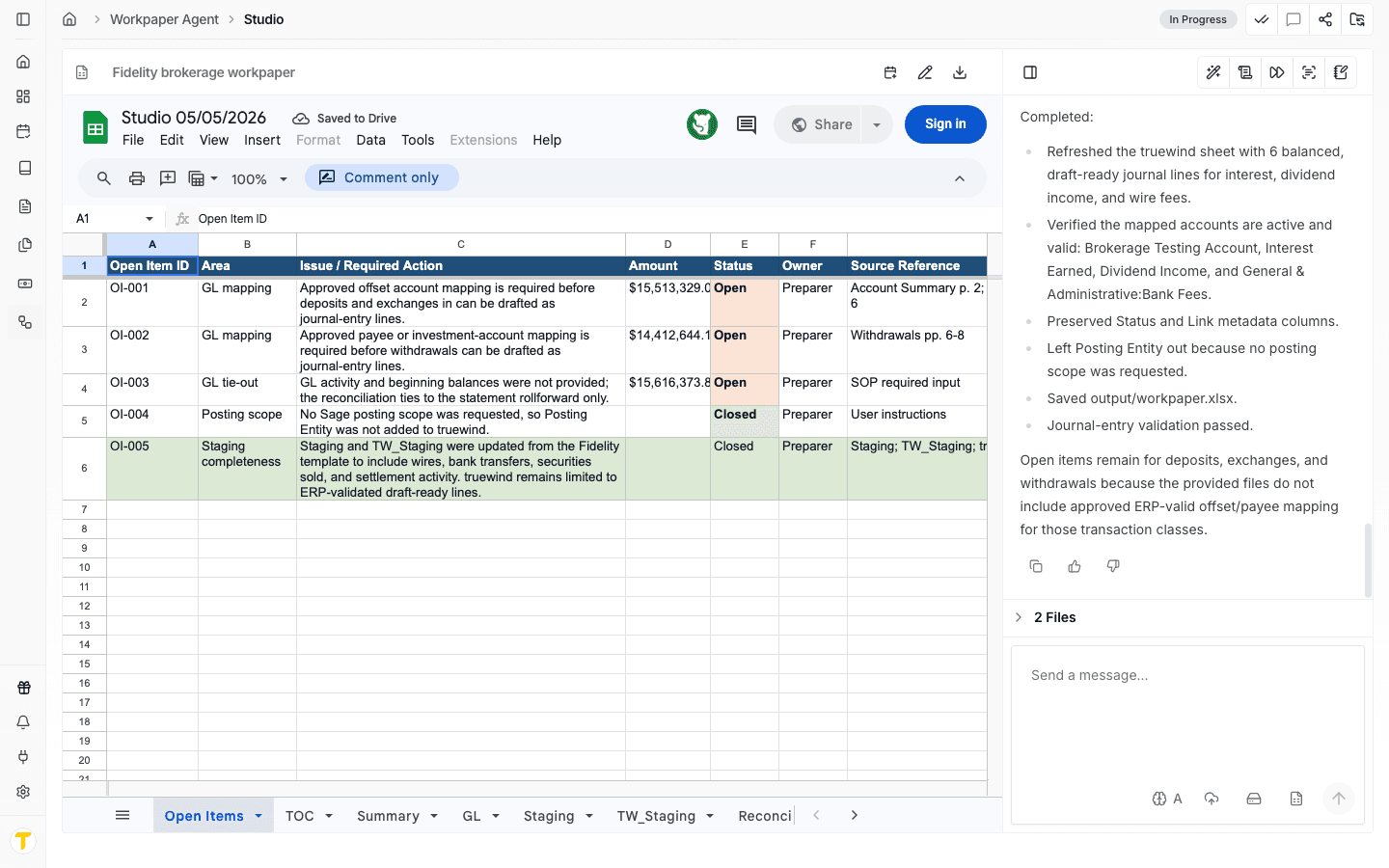 Screenshot showing an existing Workpaper Agent Studio workbook with the spreadsheet and chat panel open.