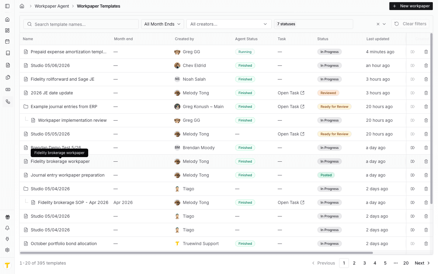 Screenshot showing the Workpaper Templates table with workpaper status, task, and last-updated columns.