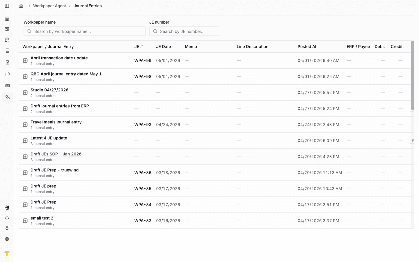 Screenshot showing the Workpaper Agent Journal Entries table with posted journal-entry rows.