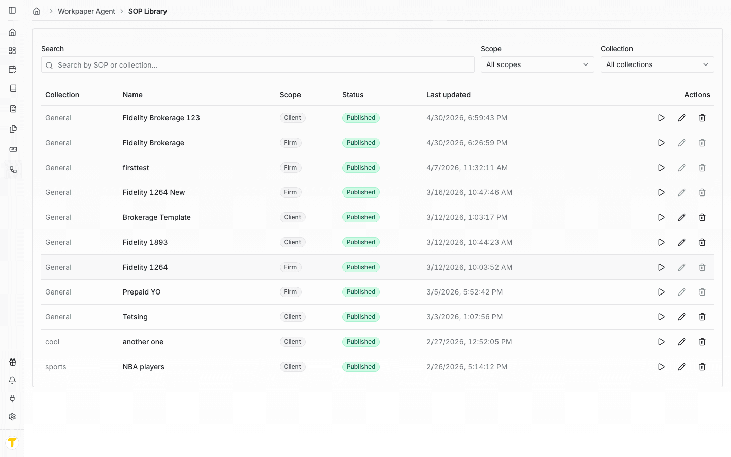 Screenshot showing the SOP Library table with collections, scope, status, and action controls.