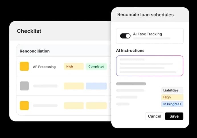 Month-end close workflow board with tasks, owners, and due dates.