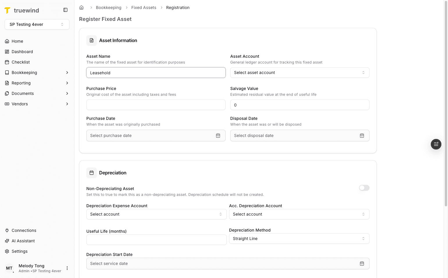 Screenshot showing Fill in the non-depreciating asset details