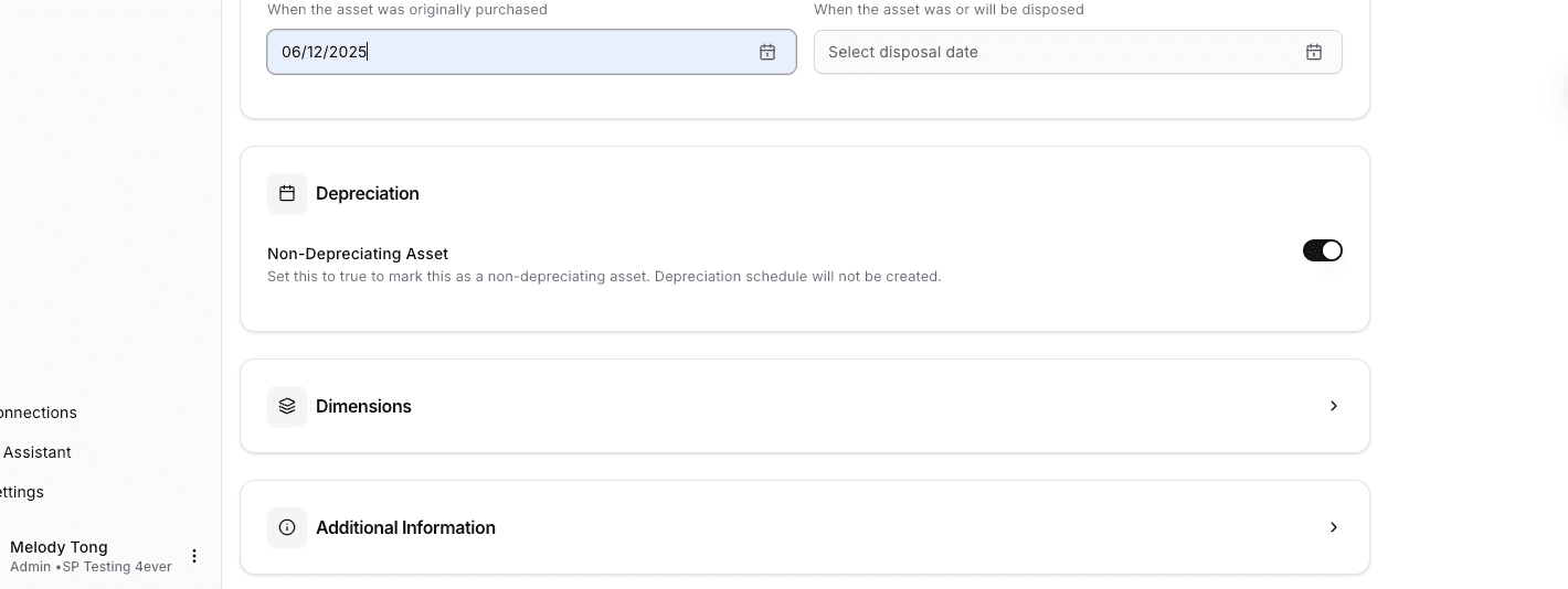Screenshot showing Toggle of Non-Depreciating Asset will be on in default