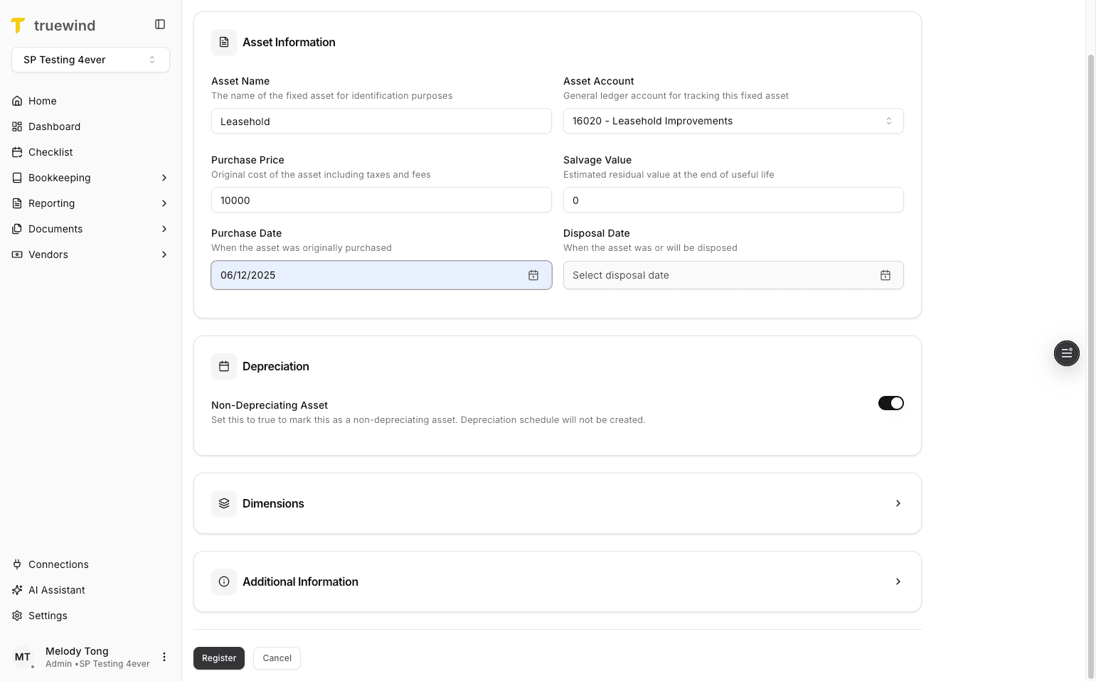 Screenshot showing Open Register
