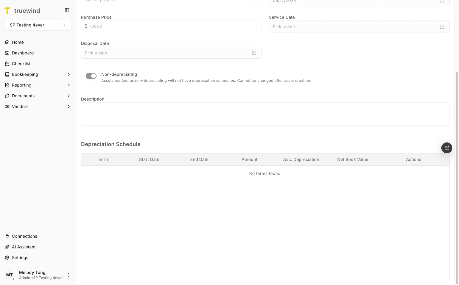 Screenshot showing For non-dep assets, there's no terms in the schedule
