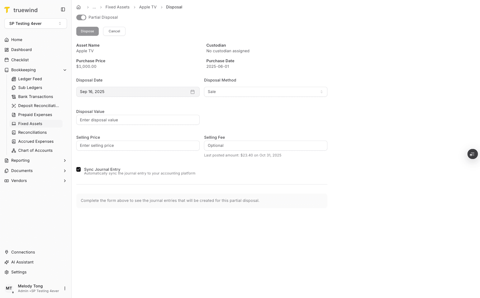 Screenshot showing Enter all disposal information