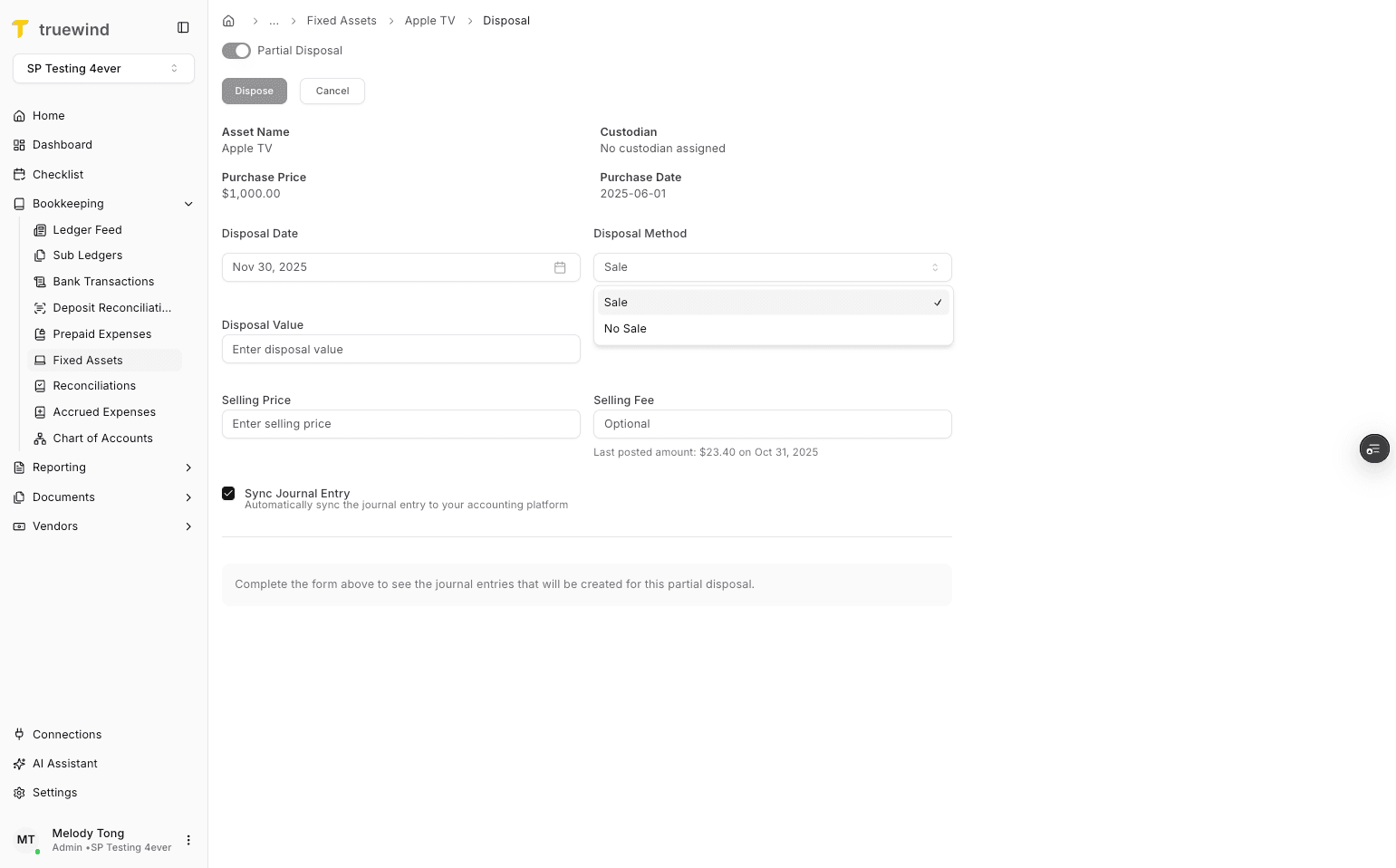 Screenshot showing Select disposal method